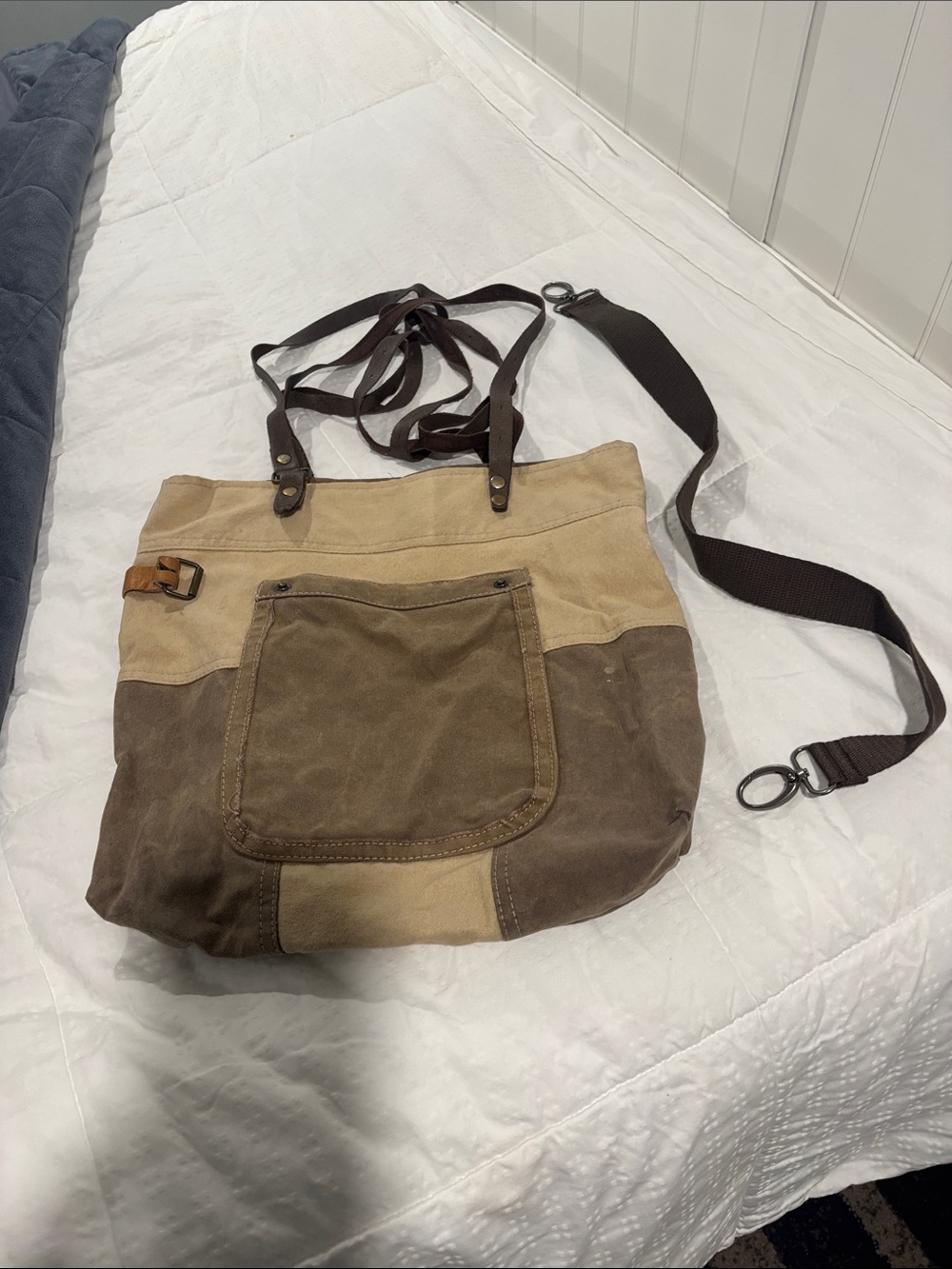 Canvas Patchwork Messenger Bag in Brown and Beige